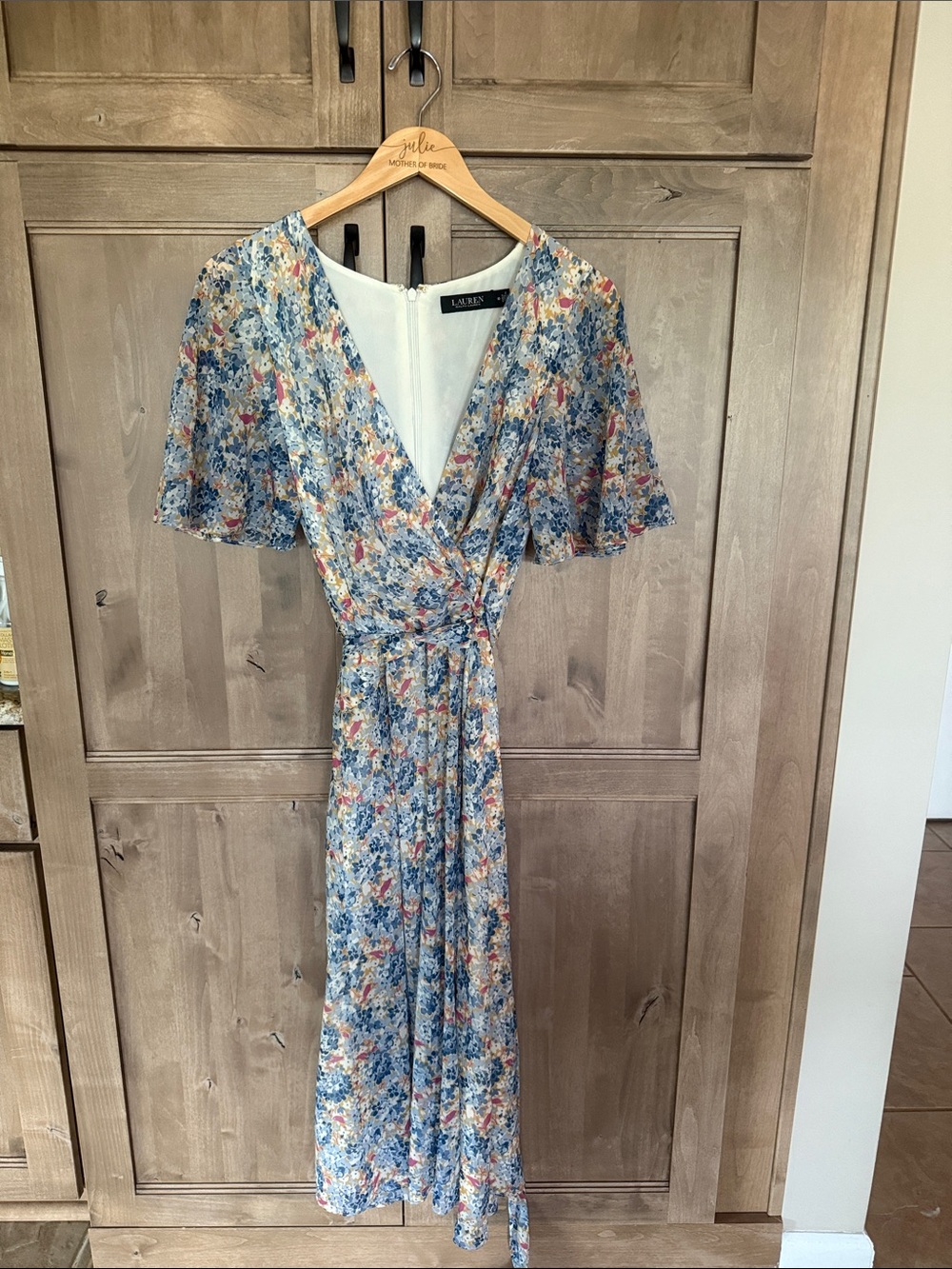 Lauren Ralph Lauren Light Blue Multicolor Floral Wrap Midi Dress